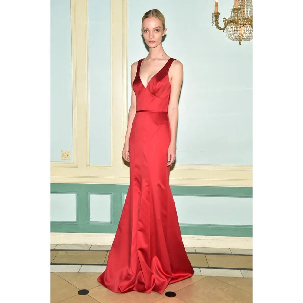 Zac Posen Red Satin V-Neck Maxi Gown
